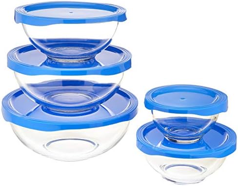 Amazon Basics 10-teiliges Rührschüssel-Set aus Glas, 5 Schüsseln und 5 BPA-freie Deckel, transparent mit blauen Deckeln, 1 x 490 ml, 1 x 880 ml, 1 x 1,4 l, 1 x 2,4 l, 1 x 3,3 l