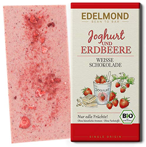 Edelmond Bio weiße Erdbeer Schokolade – mit Joghurt und getrockneten Früchten in bester Rohkost-Qualität.  Ohne Farbstoffe, ohne Soja Emulgatoren ✓ (1 Tafel)