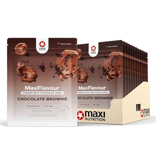 MaxiNutrition veganes Geschmackspulver MaxFlavour Chocolate-Brownie mit echten Schoko-Stücken 12x 30g, nur 10 kcal pro Portion, ohne Zuckerzusatz, glutenfrei
