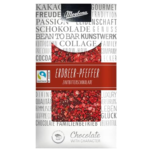 Meybona Collage Zartbitter-Schokolade |  Erdbeer Pfeffer |  50 % Fairtrade-Kakao |  Manufaktur aus Deutschland |  Von der Bohne zur Bar |  Edel-Schokoladen Geschenk 100g