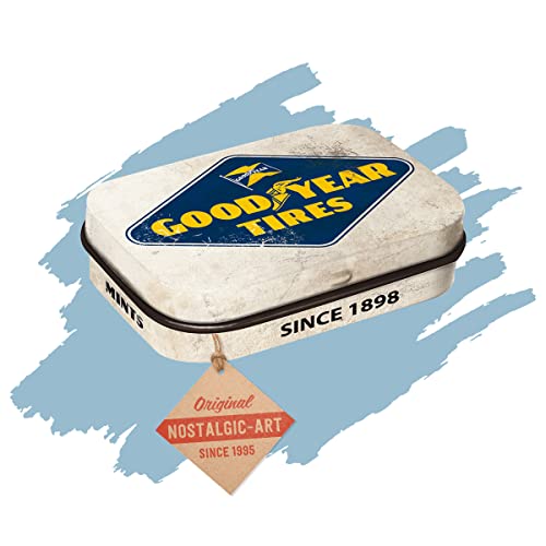 Nostalgic-Art Retro Pillendose, 4 x 6 x 1,6 cm, Goodyear – Logo White – Geschenk-Idee für Motor-Fans, mit Pfefferminz-Dragees, Vintage Design